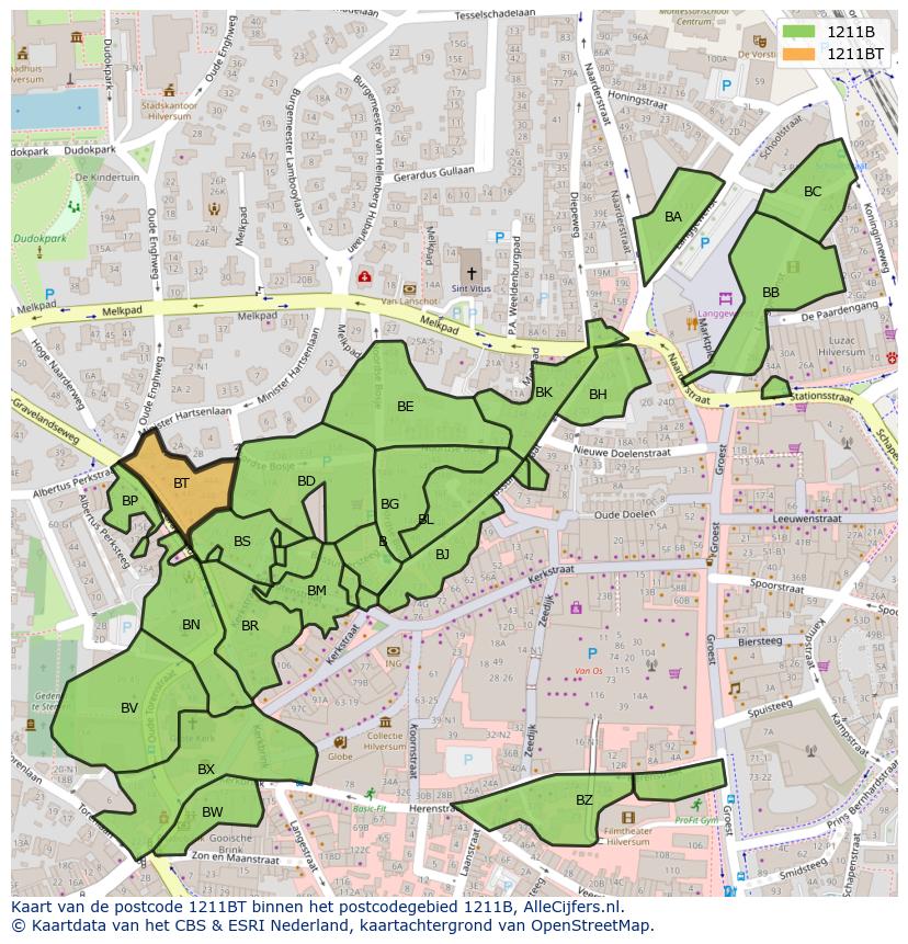 Afbeelding van het postcodegebied 1211 BT op de kaart.