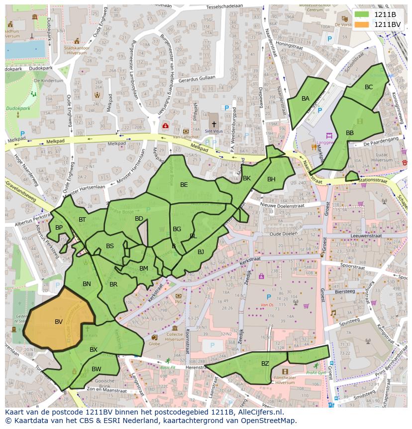 Afbeelding van het postcodegebied 1211 BV op de kaart.