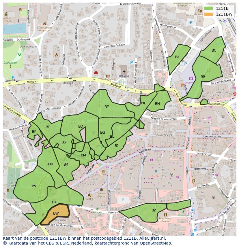Afbeelding van het postcodegebied 1211 BW op de kaart.