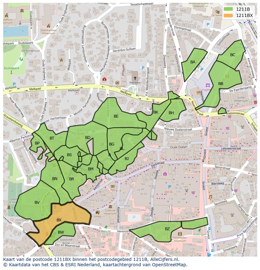 Afbeelding van het postcodegebied 1211 BX op de kaart.