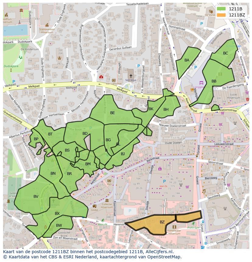 Afbeelding van het postcodegebied 1211 BZ op de kaart.