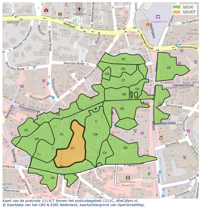 Afbeelding van het postcodegebied 1211 CT op de kaart.