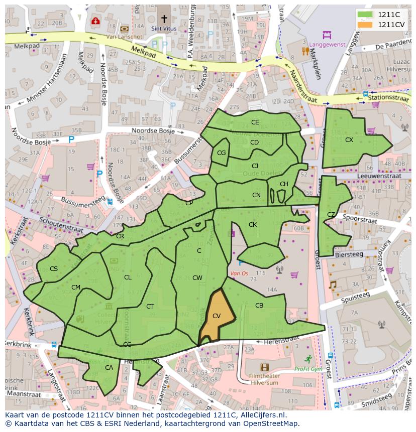 Afbeelding van het postcodegebied 1211 CV op de kaart.