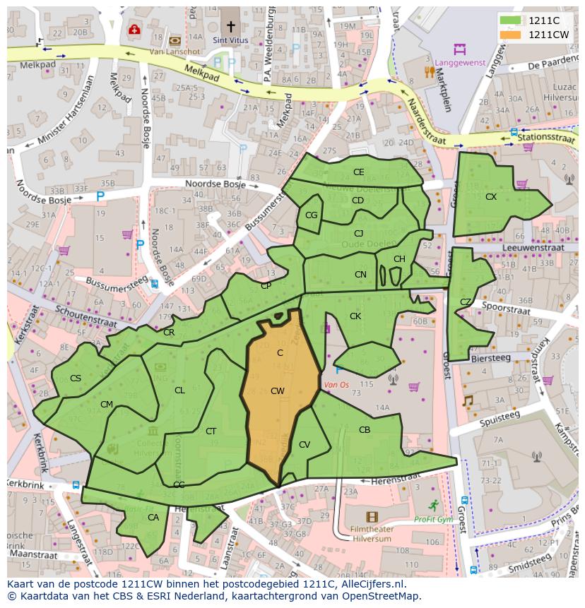 Afbeelding van het postcodegebied 1211 CW op de kaart.