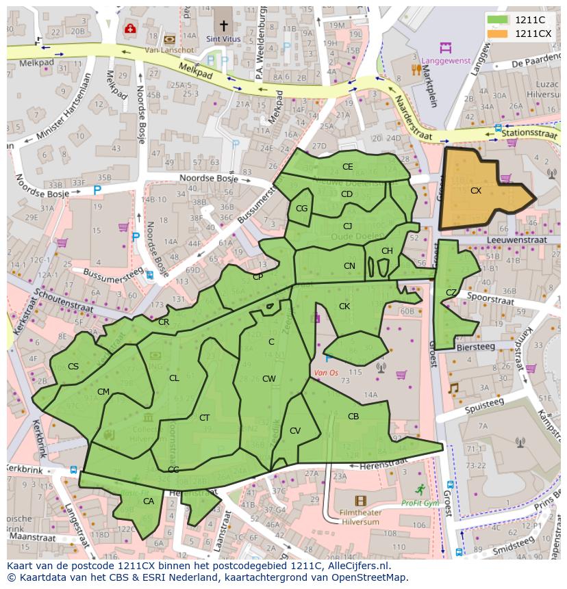 Afbeelding van het postcodegebied 1211 CX op de kaart.