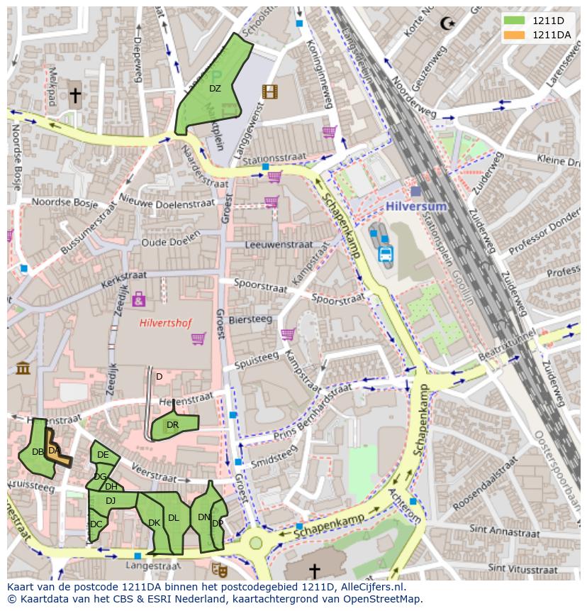 Afbeelding van het postcodegebied 1211 DA op de kaart.