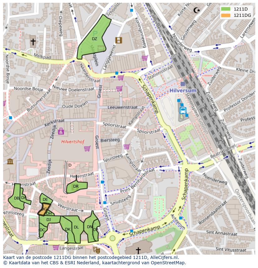 Afbeelding van het postcodegebied 1211 DG op de kaart.