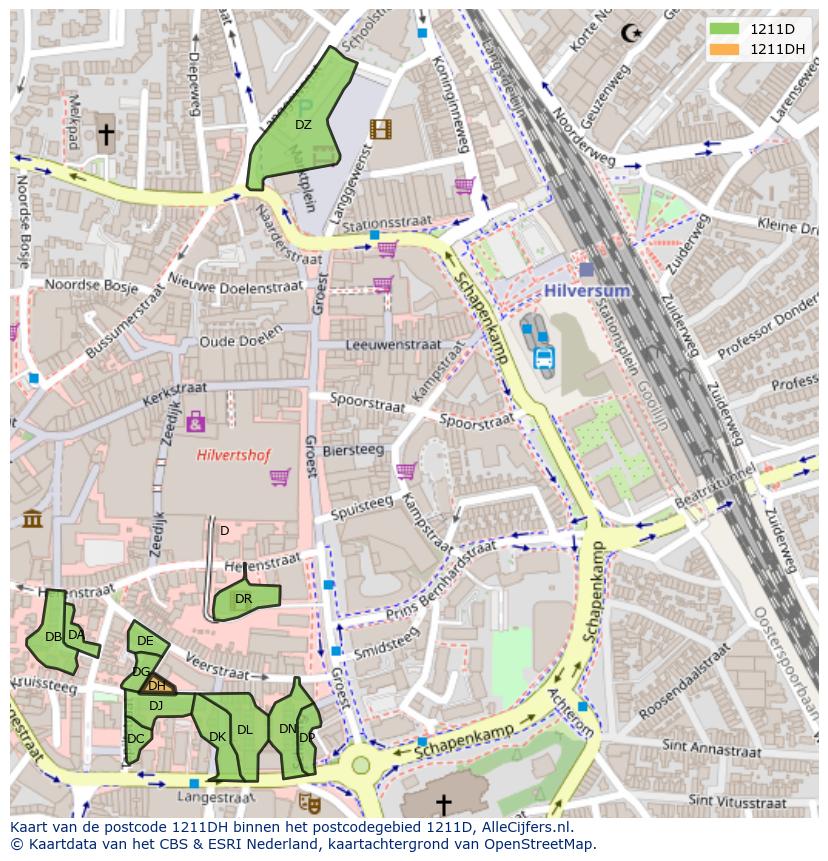 Afbeelding van het postcodegebied 1211 DH op de kaart.
