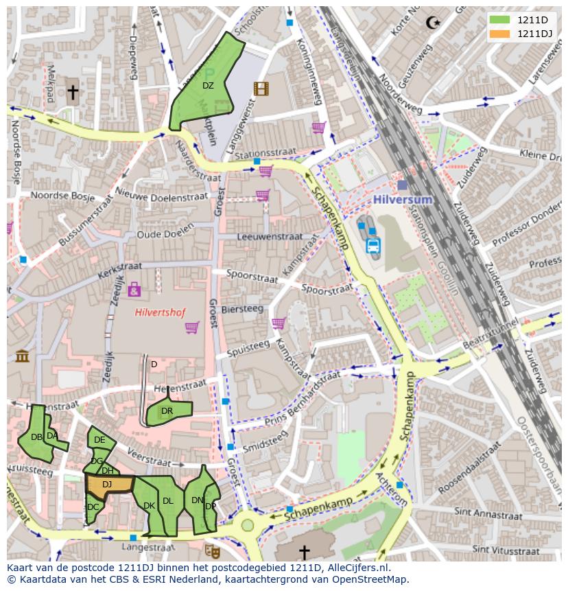 Afbeelding van het postcodegebied 1211 DJ op de kaart.