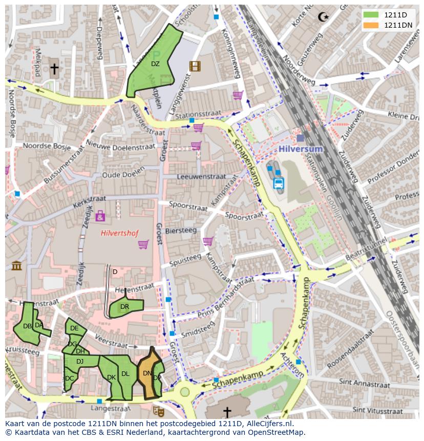 Afbeelding van het postcodegebied 1211 DN op de kaart.