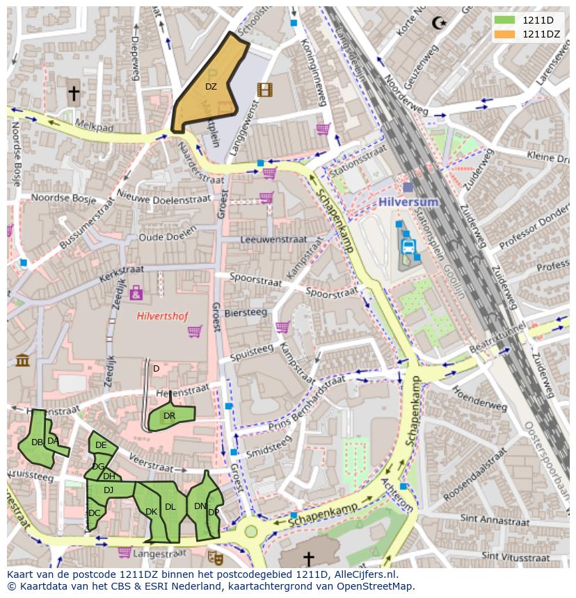 Afbeelding van het postcodegebied 1211 DZ op de kaart.