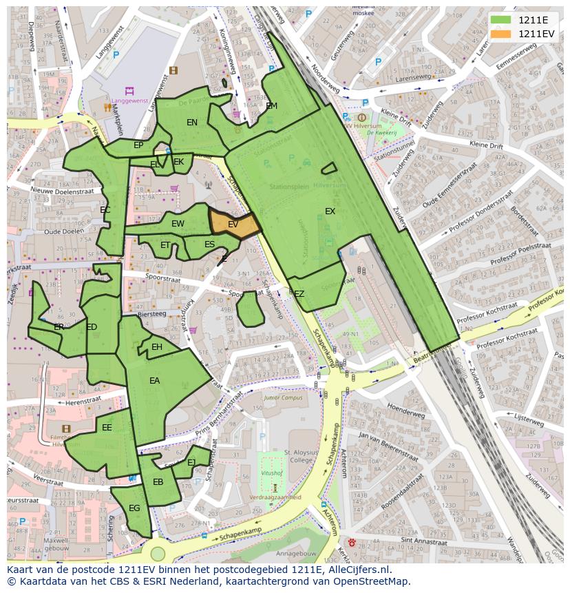 Afbeelding van het postcodegebied 1211 EV op de kaart.