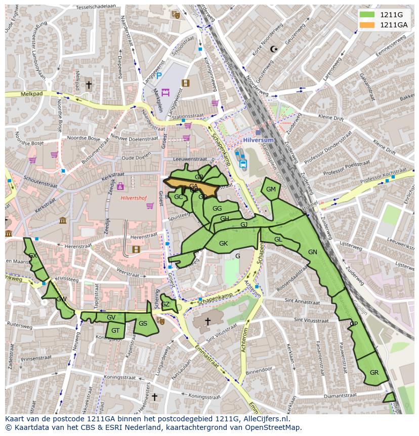 Afbeelding van het postcodegebied 1211 GA op de kaart.