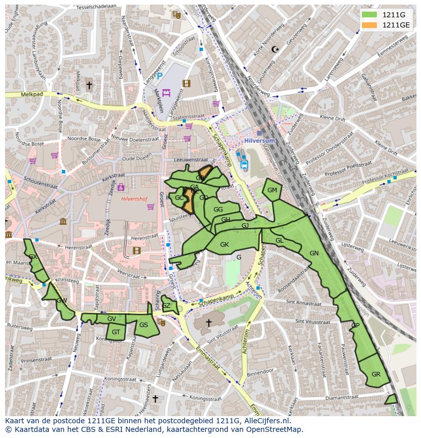 Afbeelding van het postcodegebied 1211 GE op de kaart.