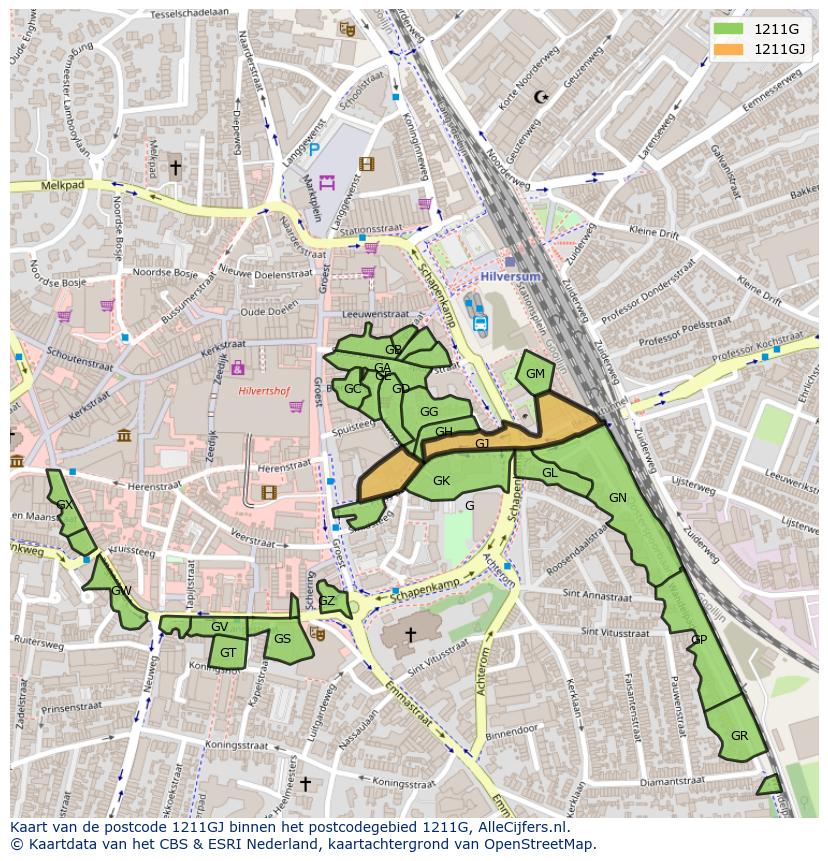 Afbeelding van het postcodegebied 1211 GJ op de kaart.