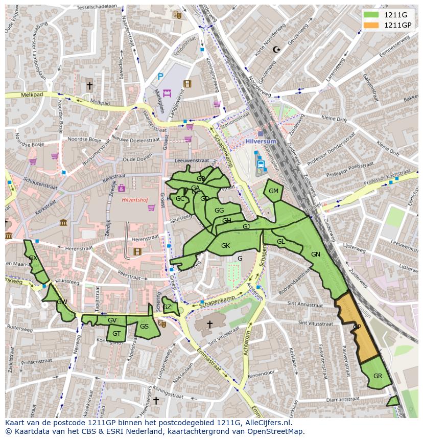 Afbeelding van het postcodegebied 1211 GP op de kaart.