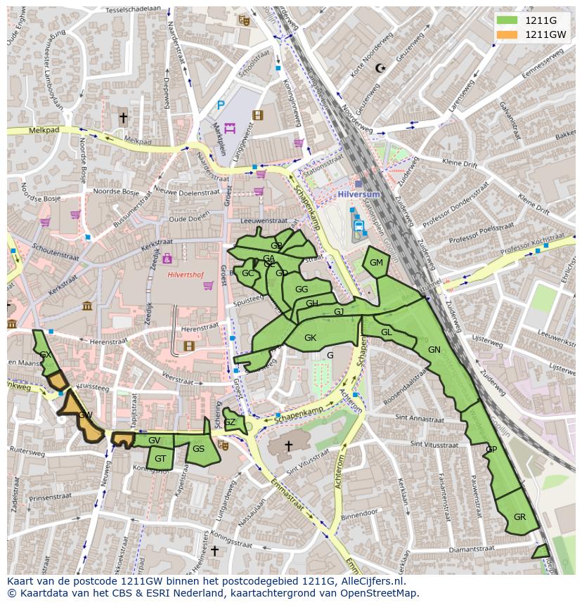Afbeelding van het postcodegebied 1211 GW op de kaart.