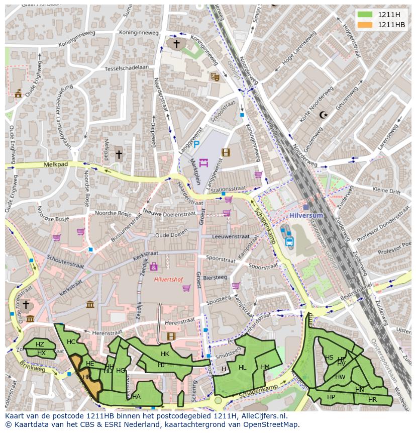 Afbeelding van het postcodegebied 1211 HB op de kaart.