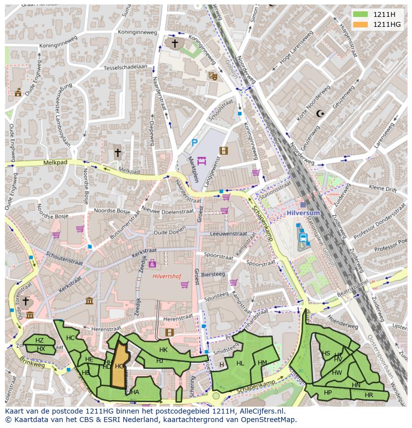Afbeelding van het postcodegebied 1211 HG op de kaart.