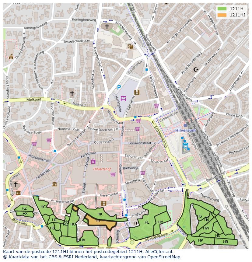 Afbeelding van het postcodegebied 1211 HJ op de kaart.
