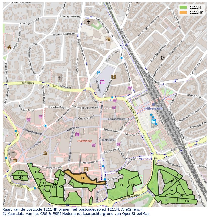 Afbeelding van het postcodegebied 1211 HK op de kaart.