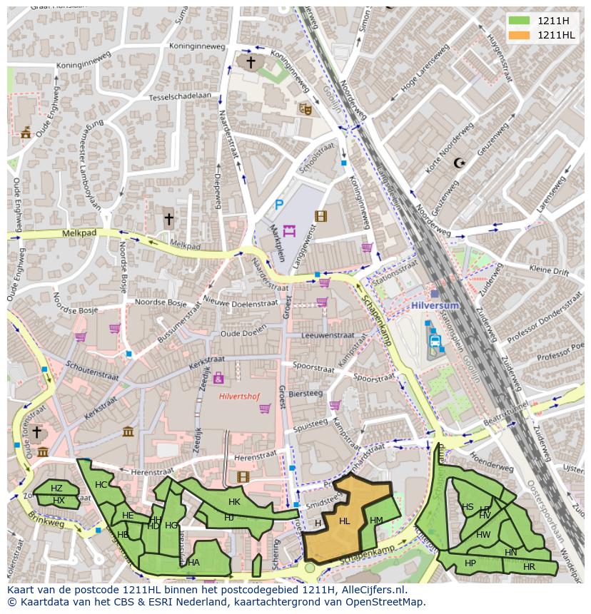 Afbeelding van het postcodegebied 1211 HL op de kaart.
