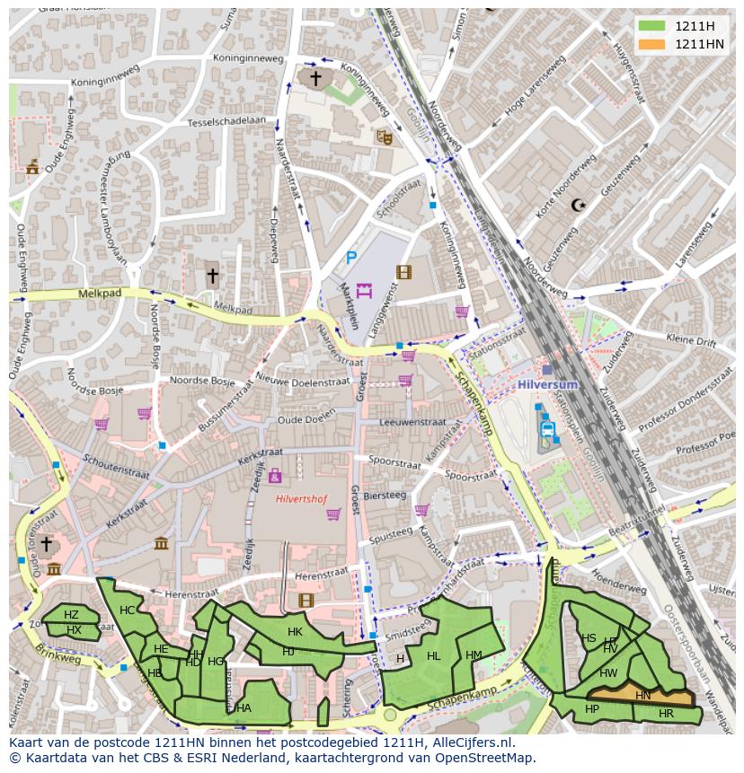 Afbeelding van het postcodegebied 1211 HN op de kaart.