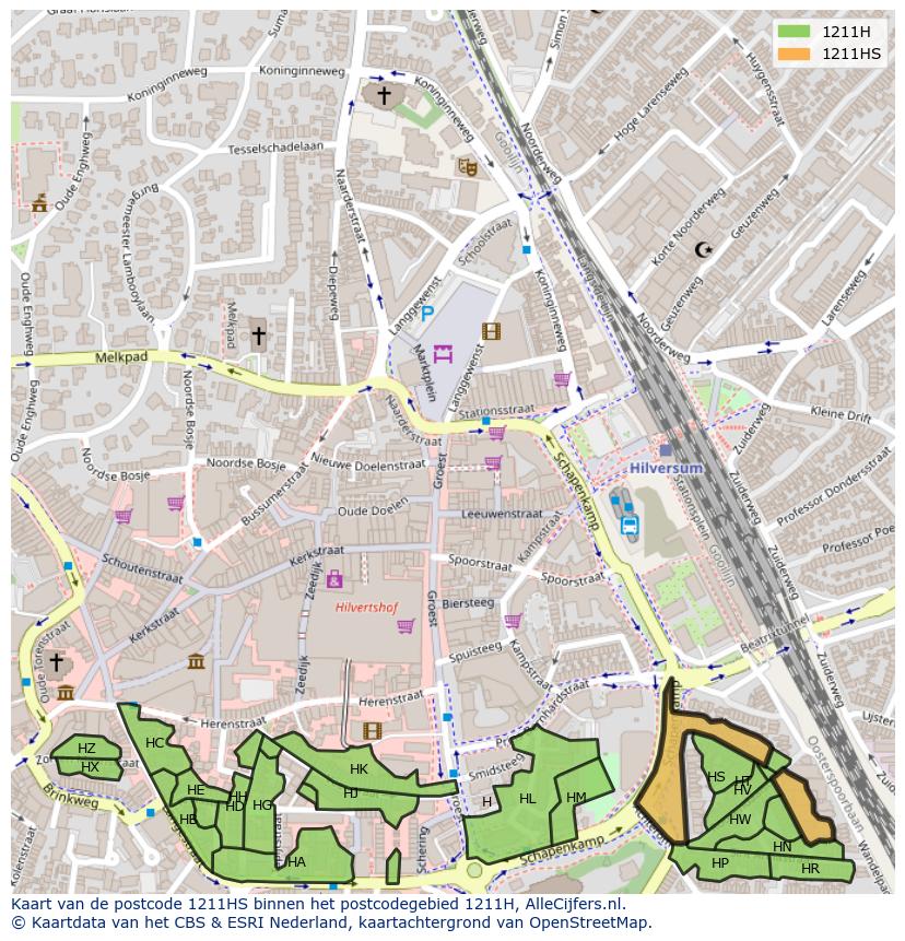 Afbeelding van het postcodegebied 1211 HS op de kaart.
