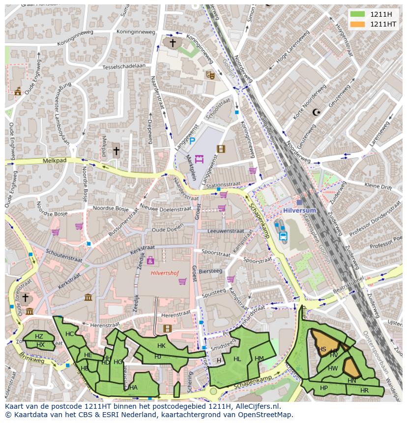 Afbeelding van het postcodegebied 1211 HT op de kaart.