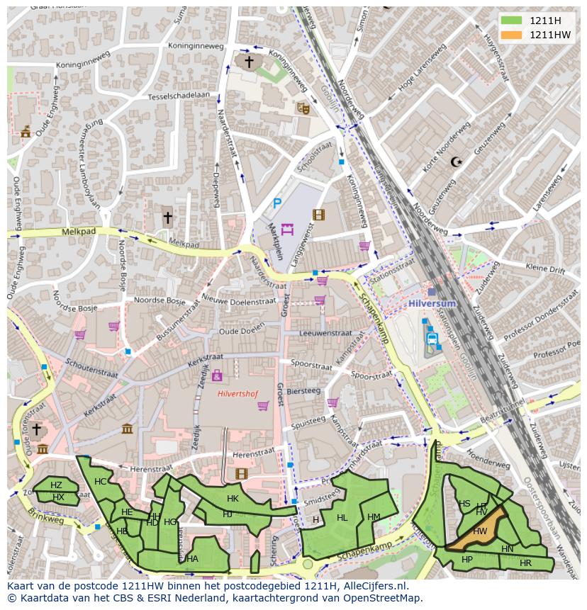 Afbeelding van het postcodegebied 1211 HW op de kaart.