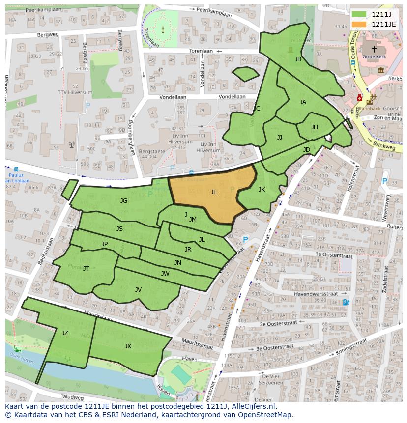 Afbeelding van het postcodegebied 1211 JE op de kaart.