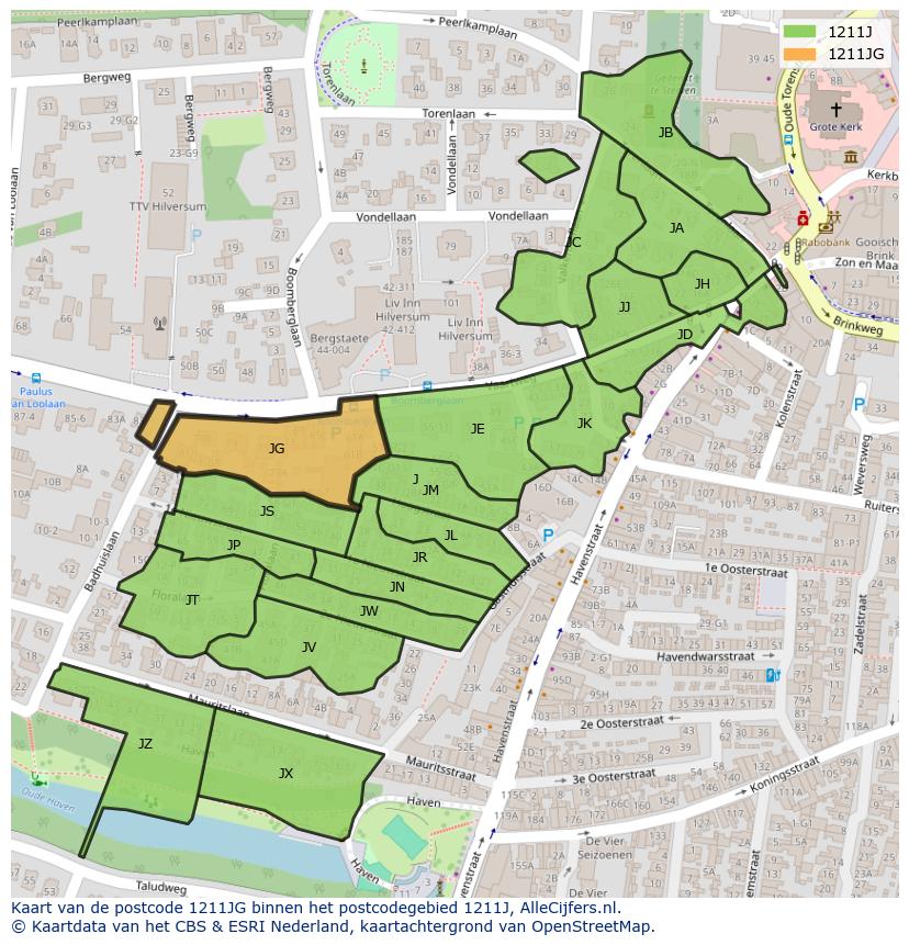 Afbeelding van het postcodegebied 1211 JG op de kaart.