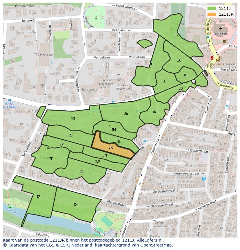 Afbeelding van het postcodegebied 1211 JR op de kaart.