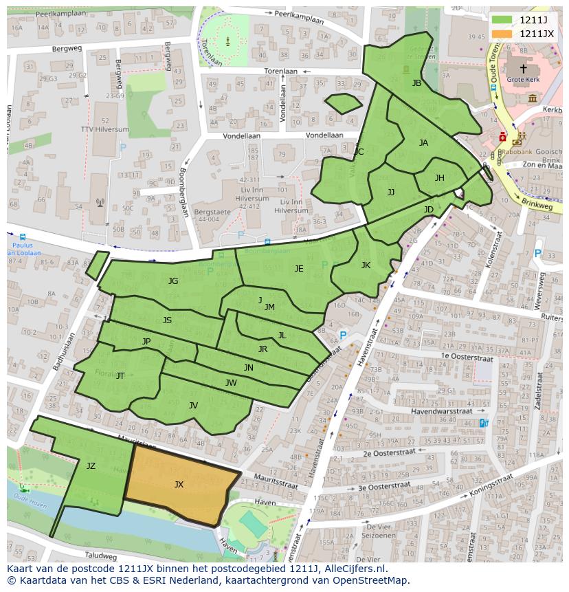 Afbeelding van het postcodegebied 1211 JX op de kaart.