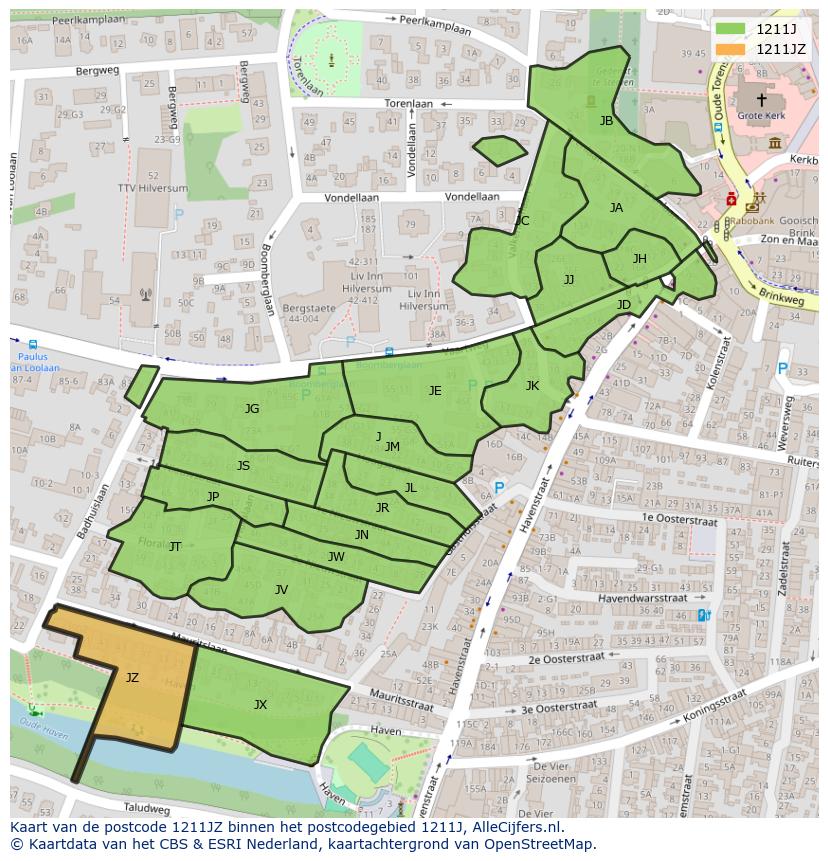 Afbeelding van het postcodegebied 1211 JZ op de kaart.