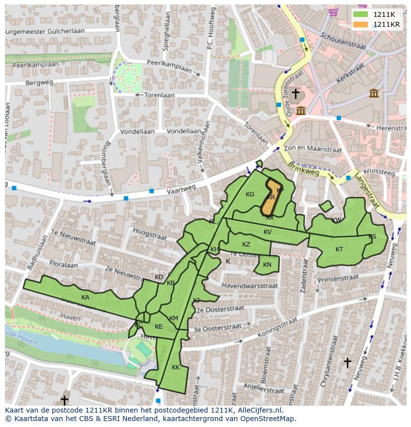 Afbeelding van het postcodegebied 1211 KR op de kaart.