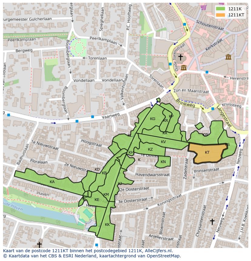 Afbeelding van het postcodegebied 1211 KT op de kaart.