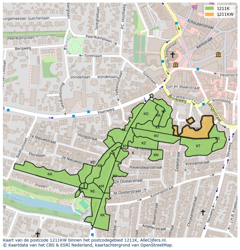 Afbeelding van het postcodegebied 1211 KW op de kaart.