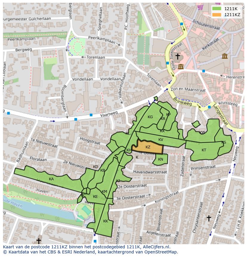 Afbeelding van het postcodegebied 1211 KZ op de kaart.