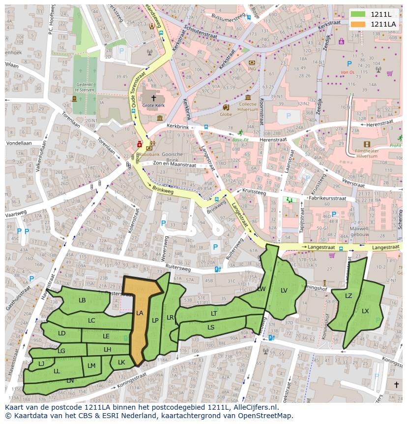 Afbeelding van het postcodegebied 1211 LA op de kaart.