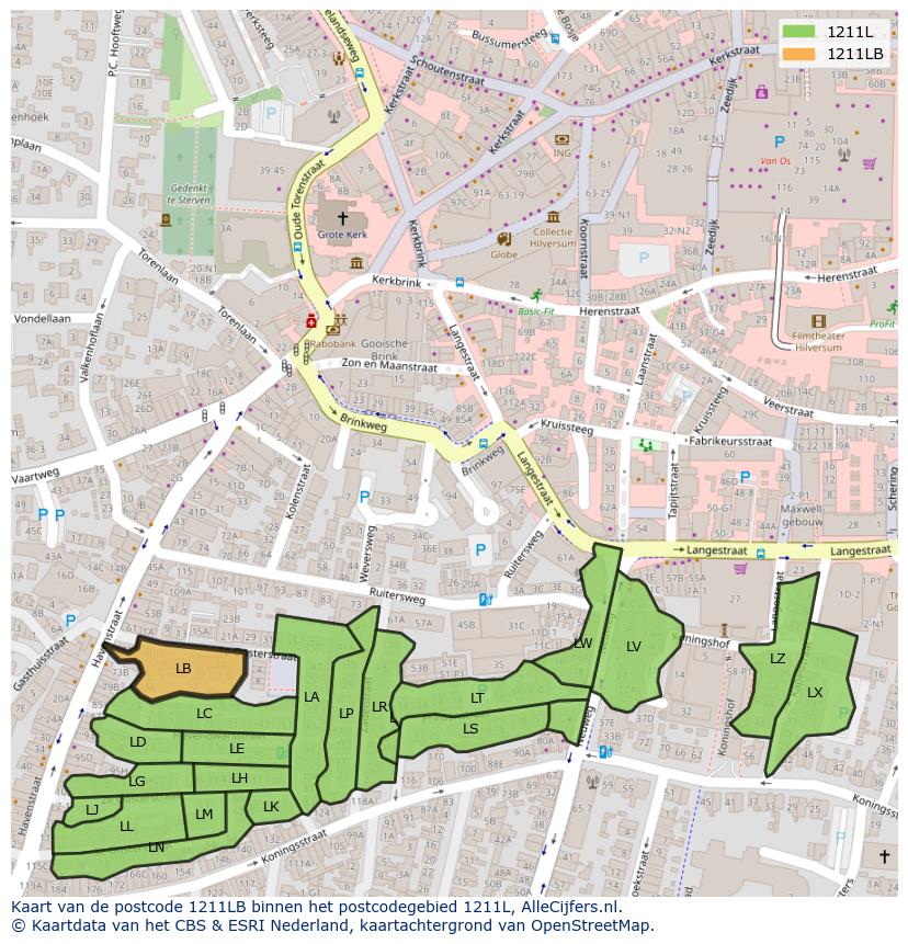 Afbeelding van het postcodegebied 1211 LB op de kaart.
