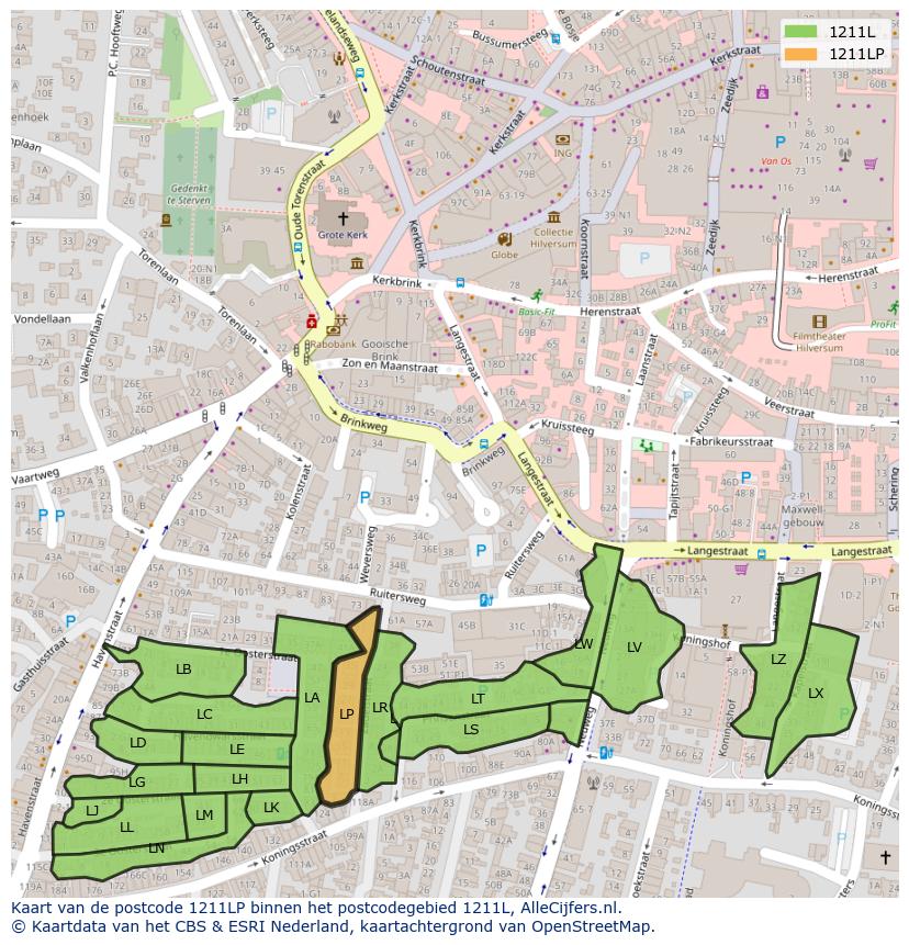 Afbeelding van het postcodegebied 1211 LP op de kaart.