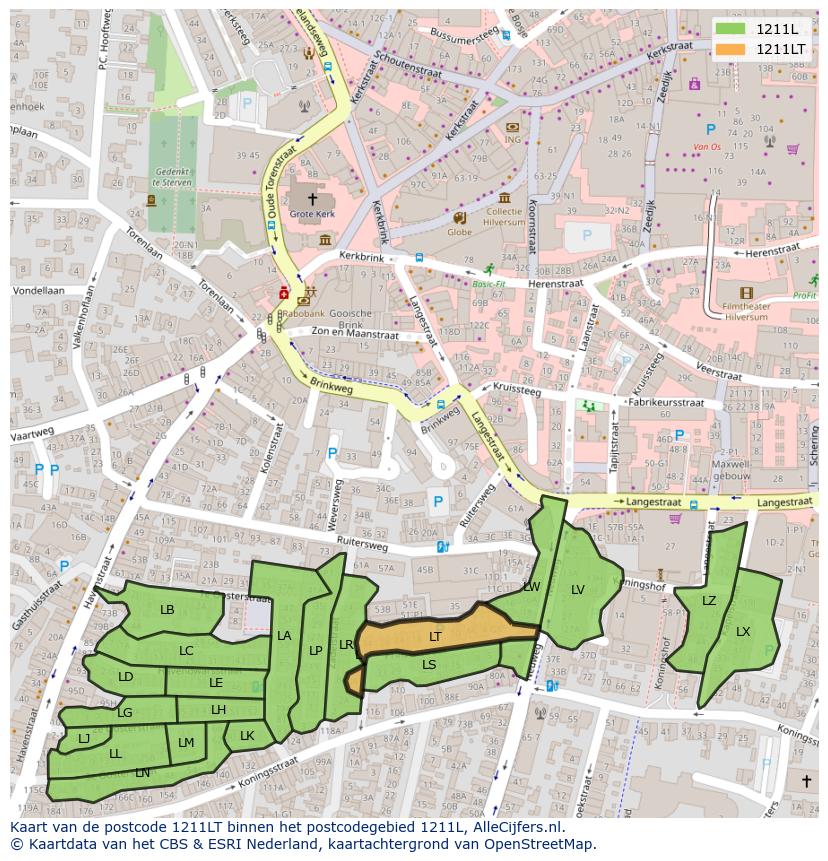 Afbeelding van het postcodegebied 1211 LT op de kaart.