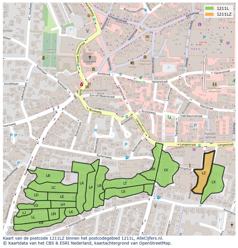Afbeelding van het postcodegebied 1211 LZ op de kaart.