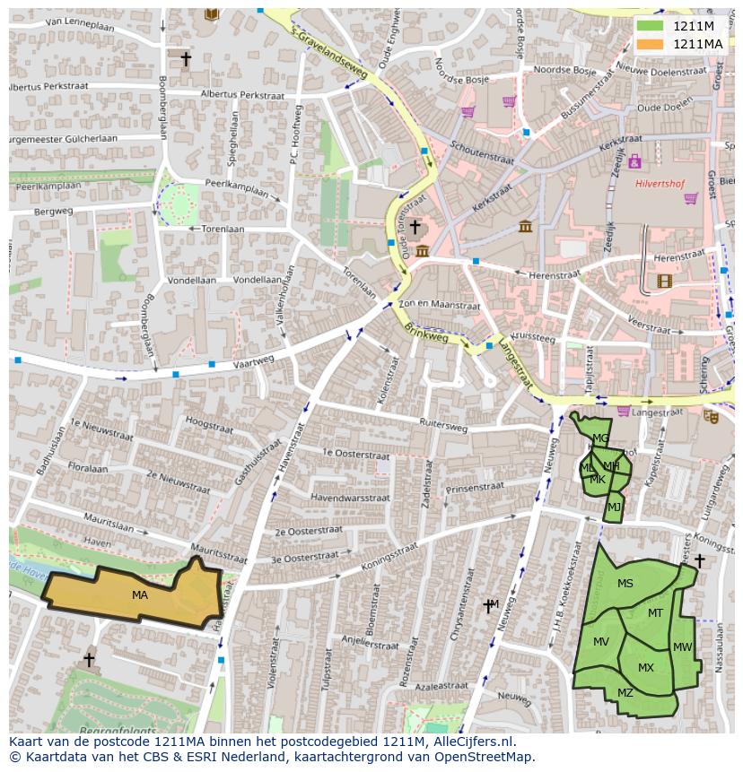 Afbeelding van het postcodegebied 1211 MA op de kaart.