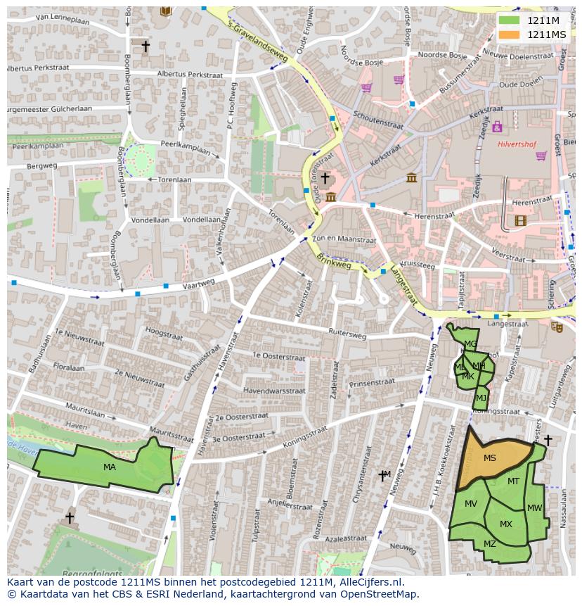 Afbeelding van het postcodegebied 1211 MS op de kaart.