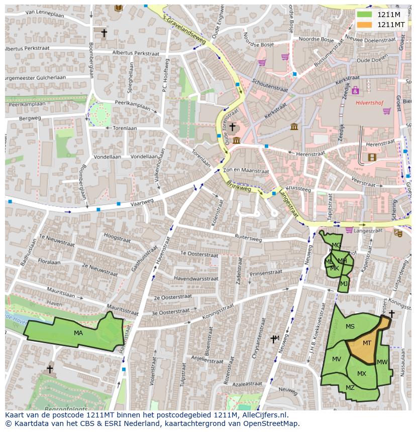 Afbeelding van het postcodegebied 1211 MT op de kaart.
