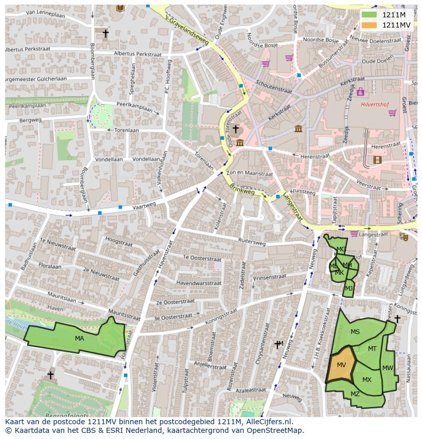 Afbeelding van het postcodegebied 1211 MV op de kaart.