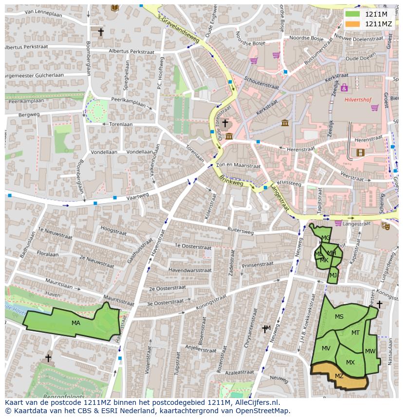 Afbeelding van het postcodegebied 1211 MZ op de kaart.
