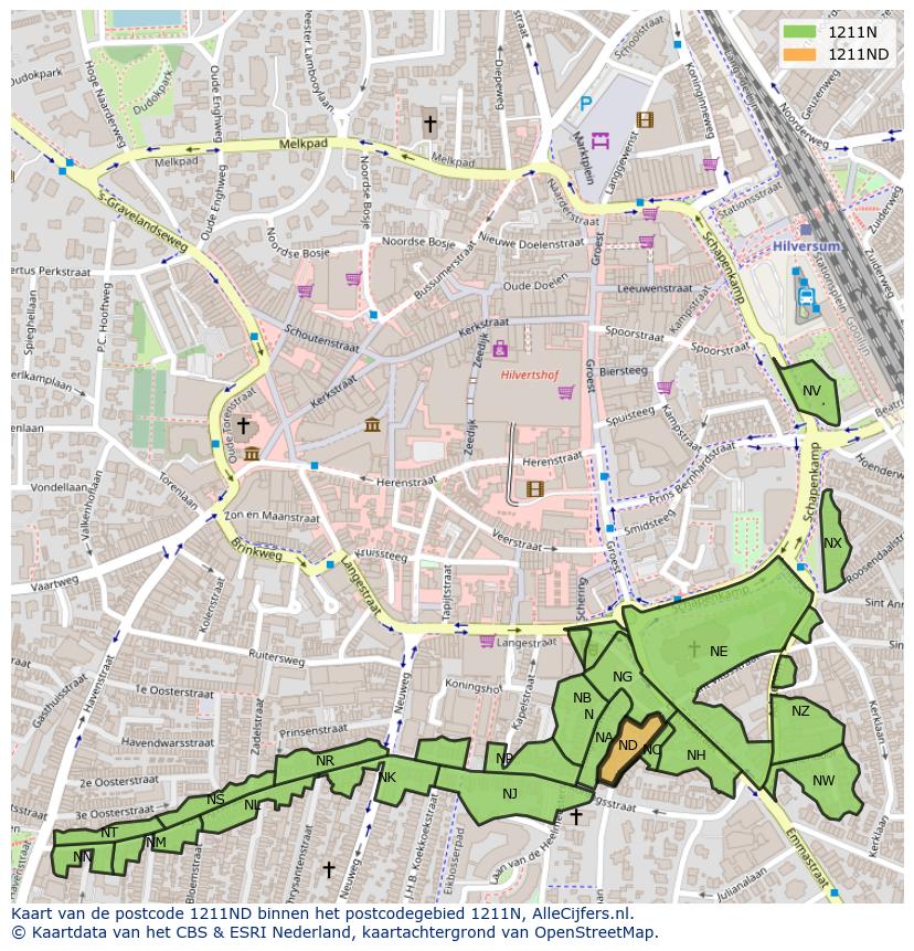 Afbeelding van het postcodegebied 1211 ND op de kaart.